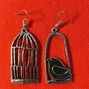 Blackbird on Swing 2.5 Inches Gunmetal Tone Dangle Earrings